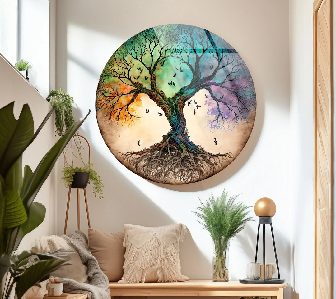Tree of Life Round Glass Wall Art – Colorful Abstract Roots & Branches Decor - MyPhotoStation