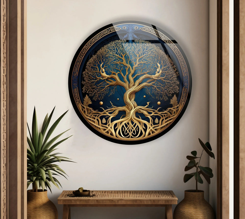 Golden Celtic Tree of Life Round Glass Wall Art – Spiritual Nature Decor - MyPhotoStation