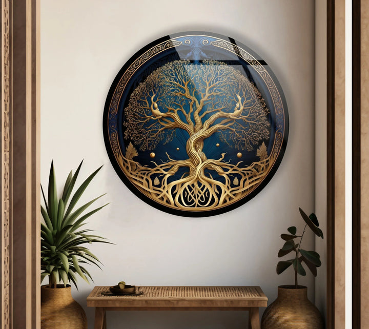 Golden Celtic Tree of Life Round Glass Wall Art – Spiritual Nature Decor - MyPhotoStation