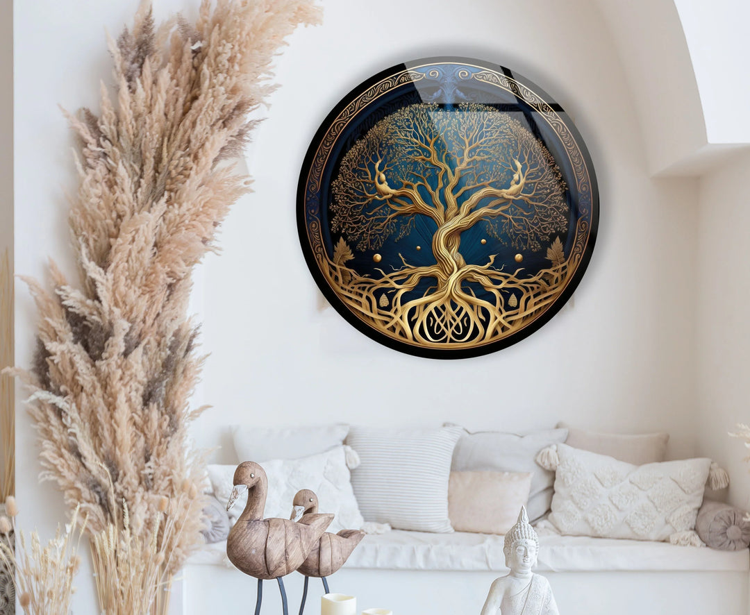 Golden Celtic Tree of Life Round Glass Wall Art – Spiritual Nature Decor - MyPhotoStation