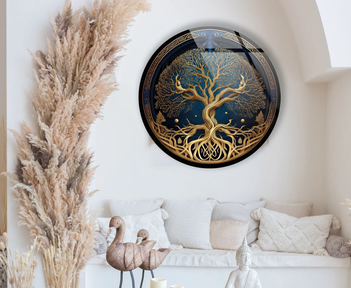 Golden Celtic Tree of Life Round Glass Wall Art – Spiritual Nature Decor - MyPhotoStation