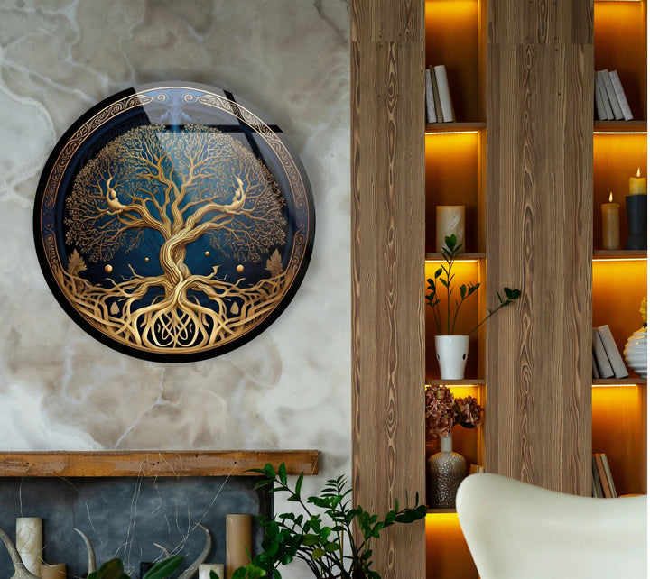 Golden Celtic Tree of Life Round Glass Wall Art – Spiritual Nature Decor - MyPhotoStation