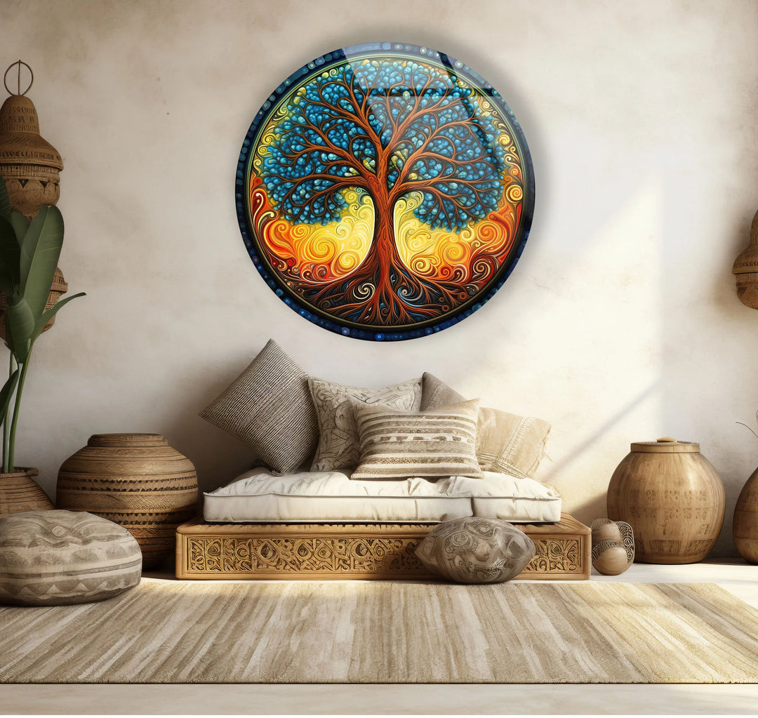 Round Tree of Life Wall Art – Colorful Swirl Glass Print for Boho and Spiritual Home Decor - MyPhotoStation