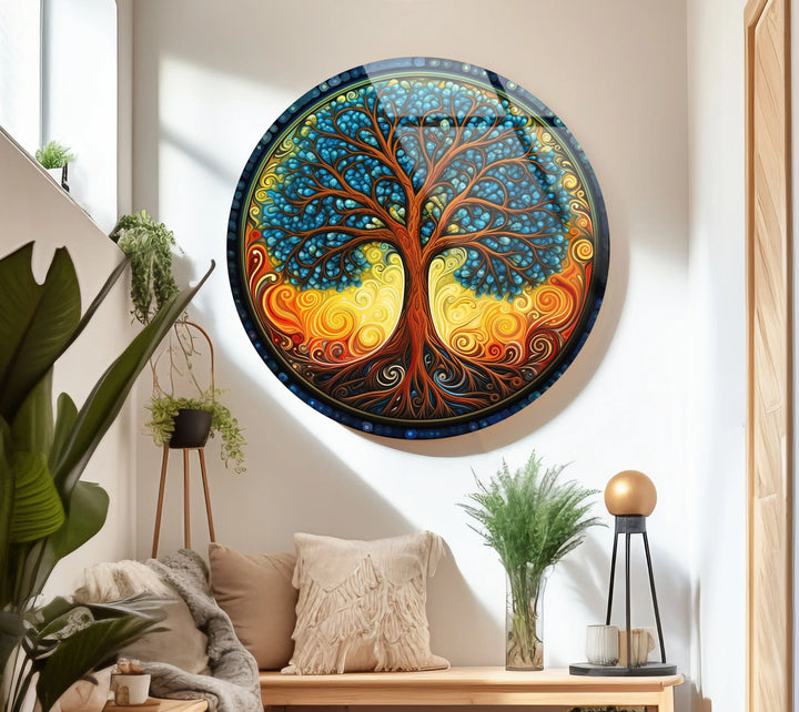 Round Tree of Life Wall Art – Colorful Swirl Glass Print for Boho and Spiritual Home Decor - MyPhotoStation