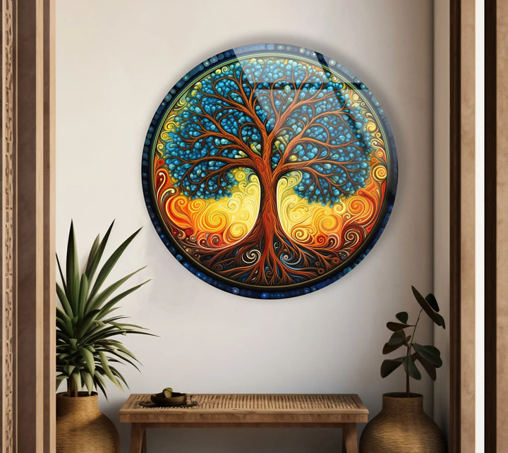 Round Tree of Life Wall Art – Colorful Swirl Glass Print for Boho and Spiritual Home Decor - MyPhotoStation