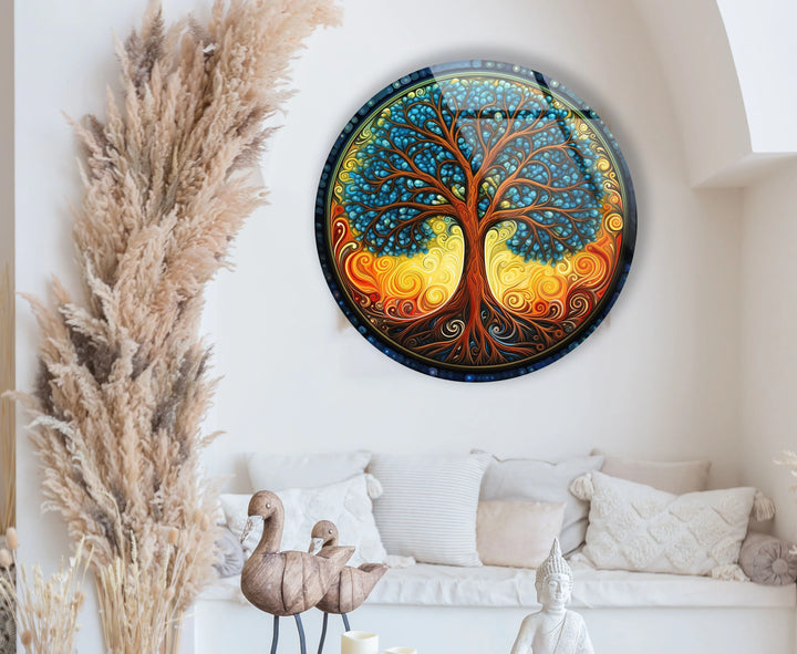Round Tree of Life Wall Art – Colorful Swirl Glass Print for Boho and Spiritual Home Decor - MyPhotoStation