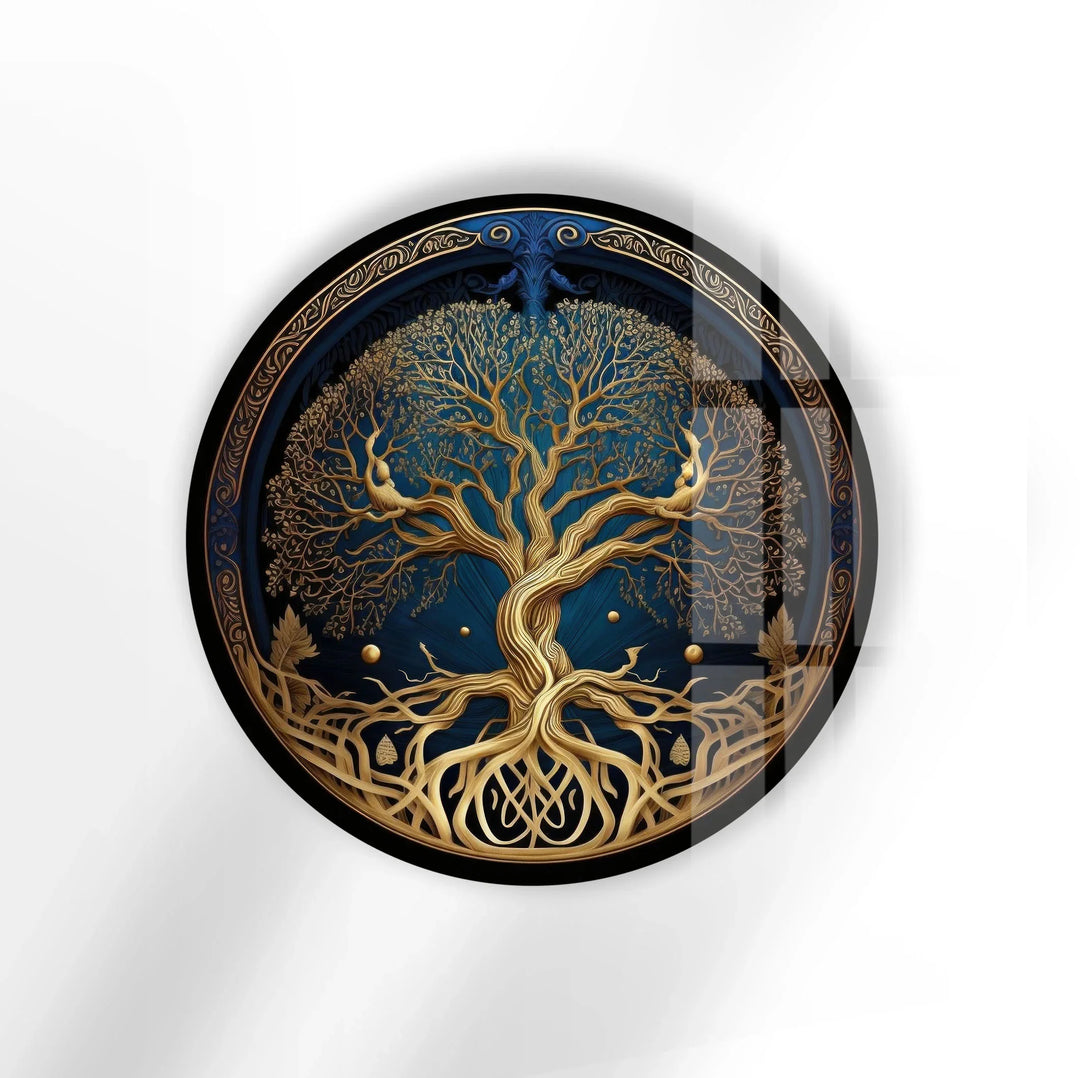 Golden Celtic Tree of Life Round Glass Wall Art – Spiritual Nature Decor - MyPhotoStation