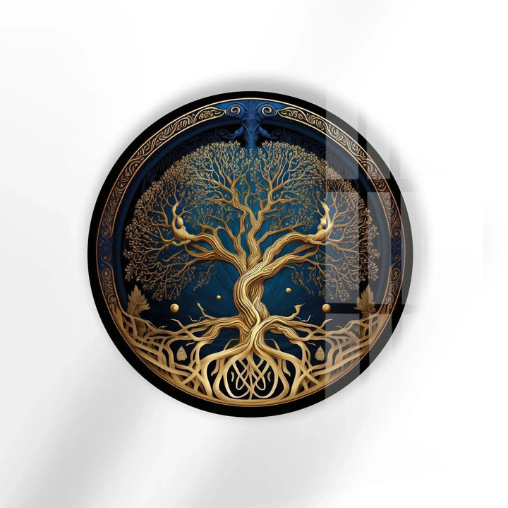 Golden Celtic Tree of Life Round Glass Wall Art – Spiritual Nature Decor - MyPhotoStation