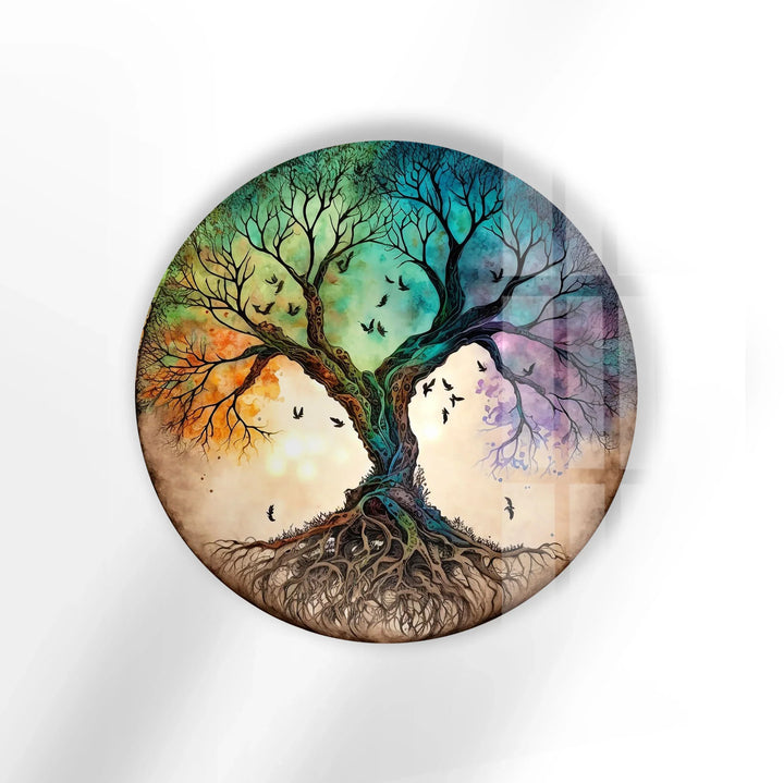 Tree of Life Round Glass Wall Art – Colorful Abstract Roots & Branches Decor - MyPhotoStation