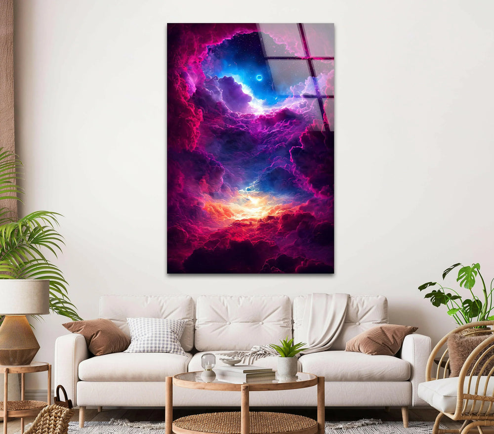 Beautiful abstract nebula art print capturing the colors of the universe on glass.