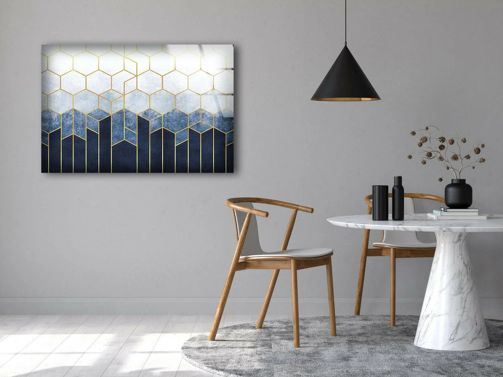 Blue Hexagons Abstract Glass Printing Wall Arts - artdesigna-glass-wall-art