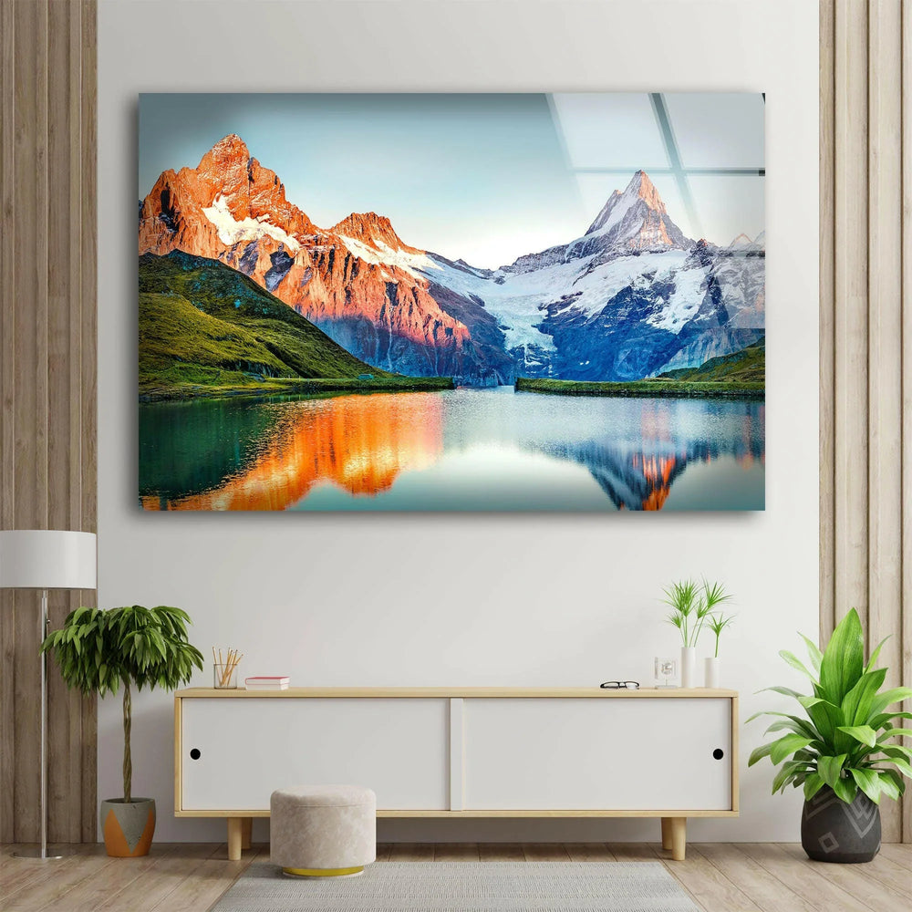 Serene Alpine Lake and Mountain Scene on Glass Wall Art
