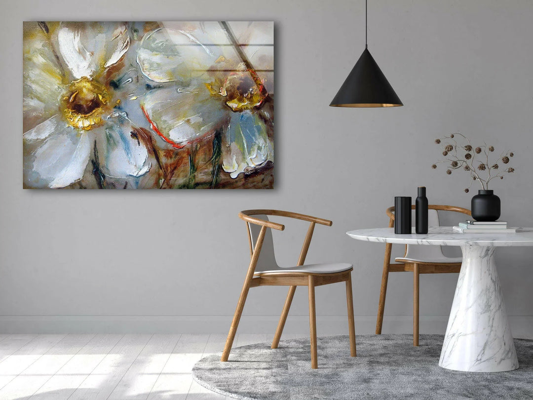 Daisy Oil Paint Glass Wall Art, glass pictures for Wall, glass prints wall art