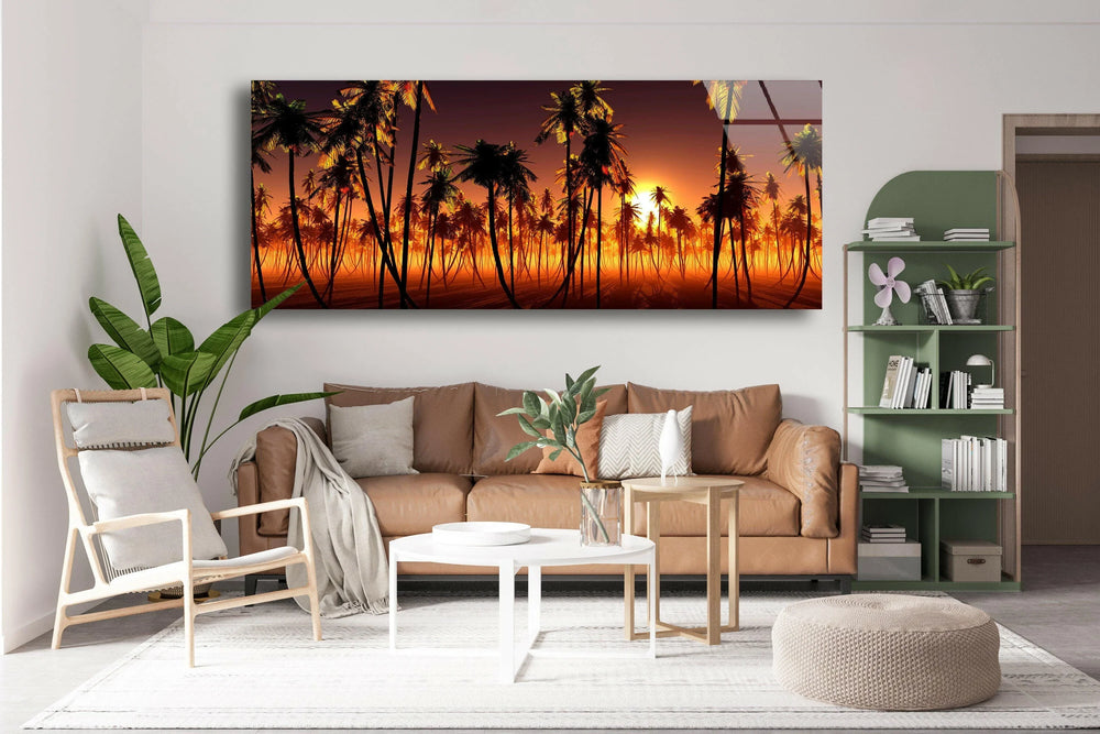 Palm Trees & Sun Setting Landscape Glass Wall Art, picture on glass wall art, photos printed on glass