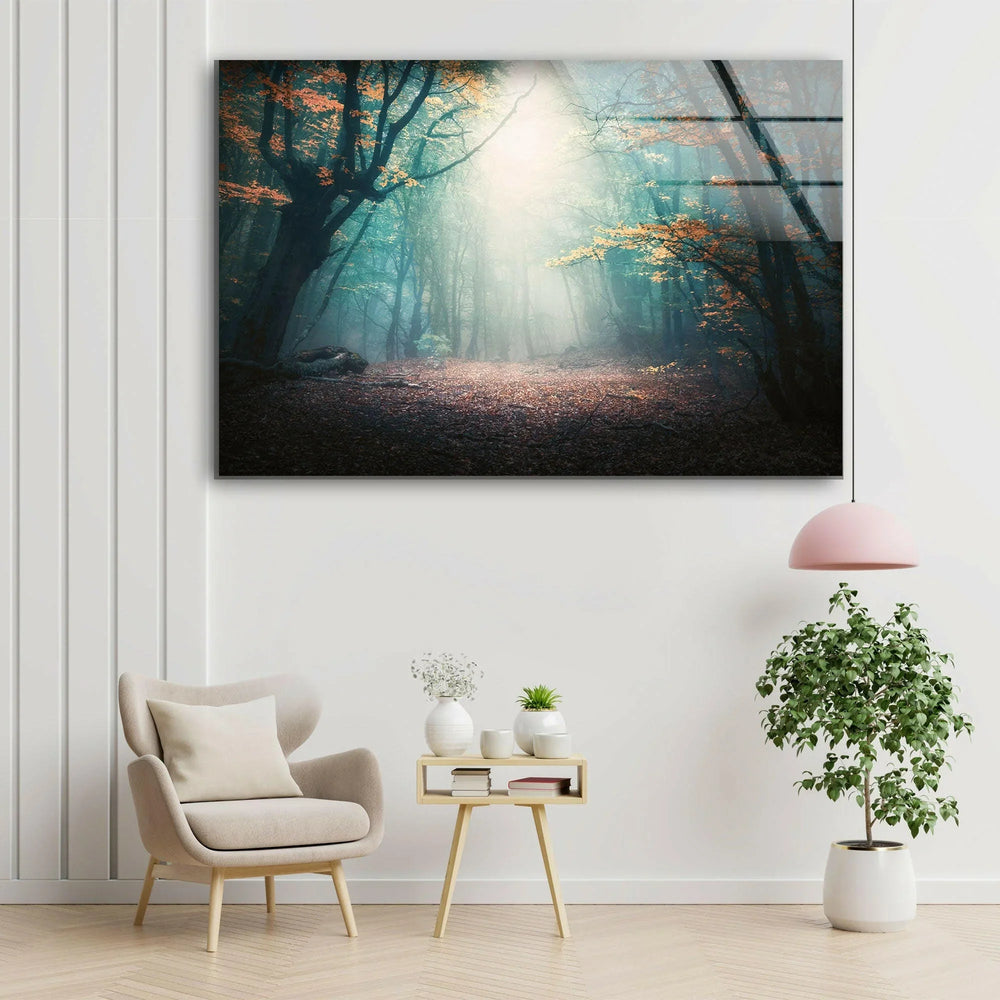 Enchanted Forest Glow – A Dreamy Glass Print of Nature’s Beauty