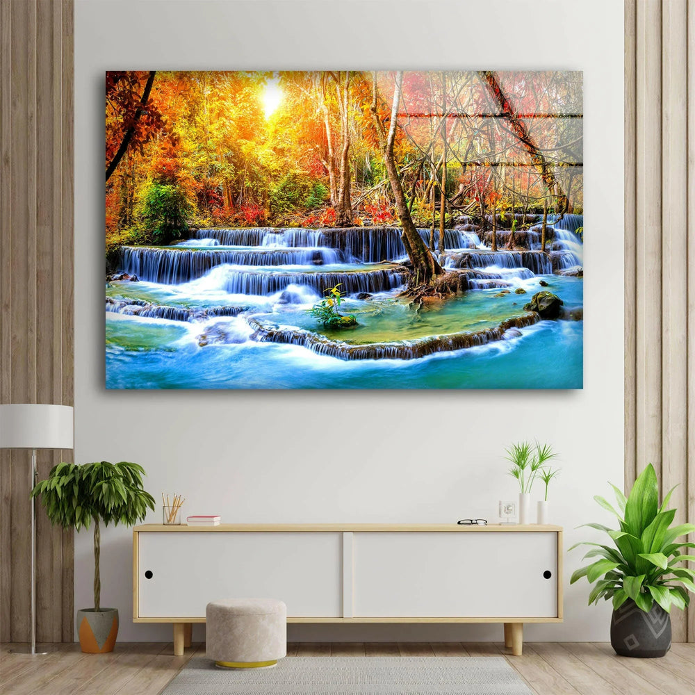 Waterfall in Autumn Forest Glass Wall Art - MyPhotoStation
