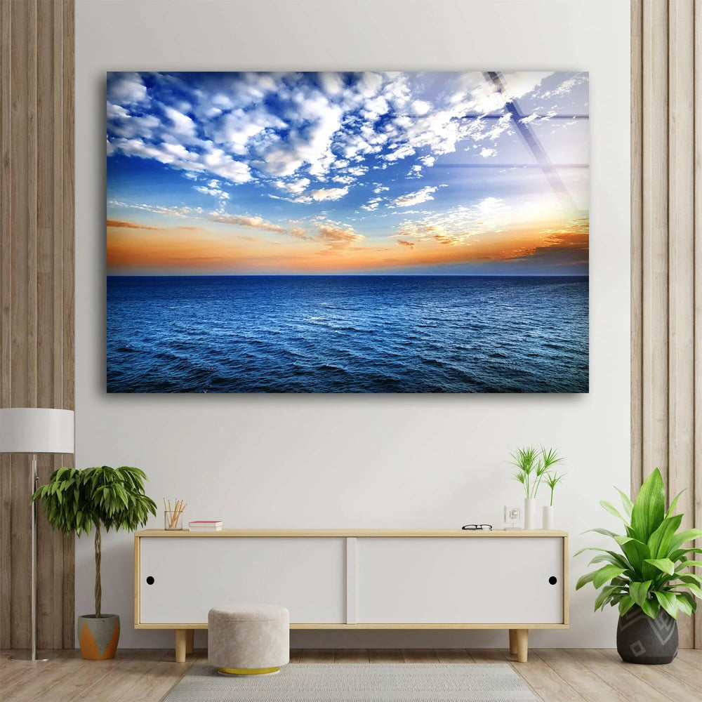 A serene ocean view captured in high-resolution glass wall art, perfect for modern interiors.