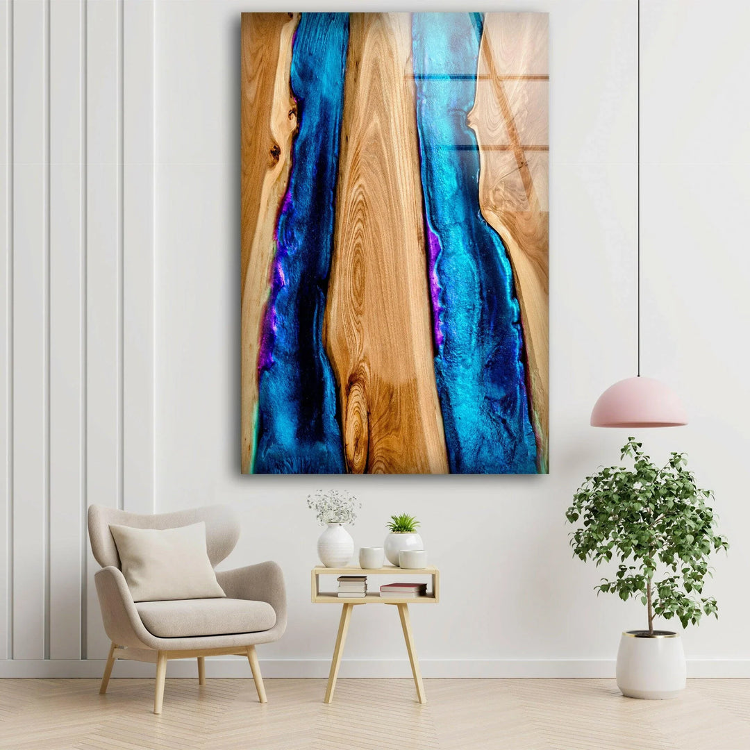 Wood and Blue Epoxy Pattern Glass Wall Art