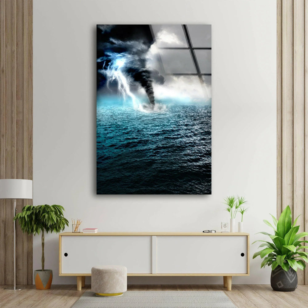 Dramatic Ocean Storm with Lightning and Tornado – High-Definition Wall Art