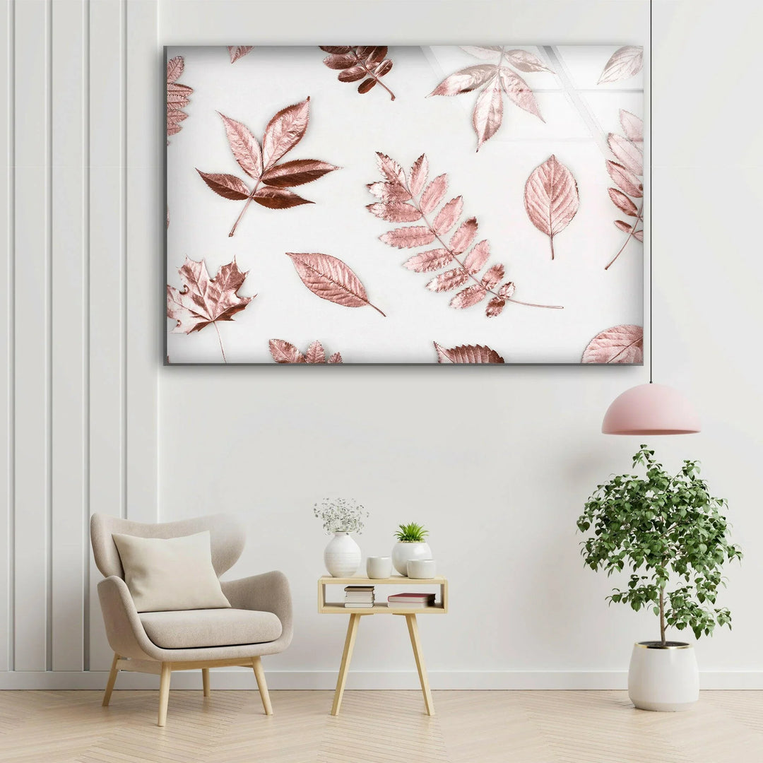 Rose Gold Leaves Glass Wall Art, Glass Printing Wall Art, Print photos on glass