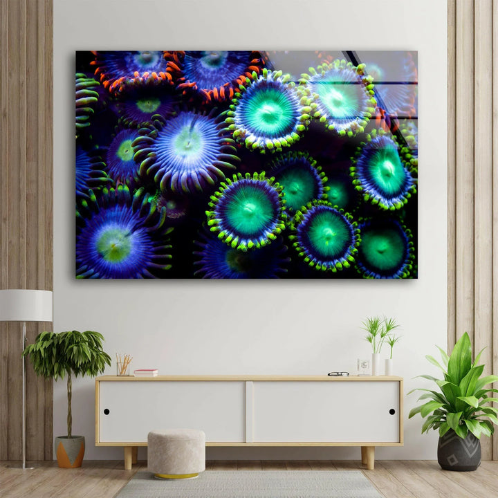 High-definition coral reef image with electric colors and intricate details.