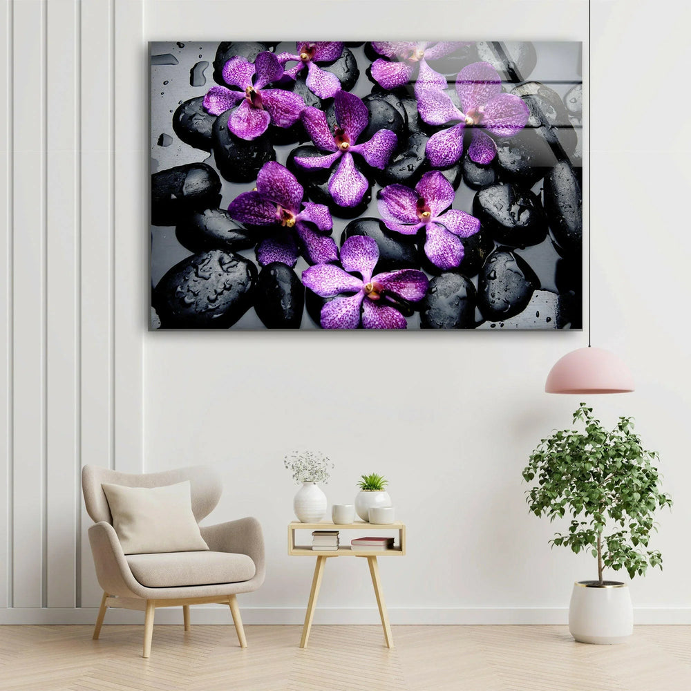 Orchid and Zen Stones Glass Wall Art, glass wall decor, glass wall art decor