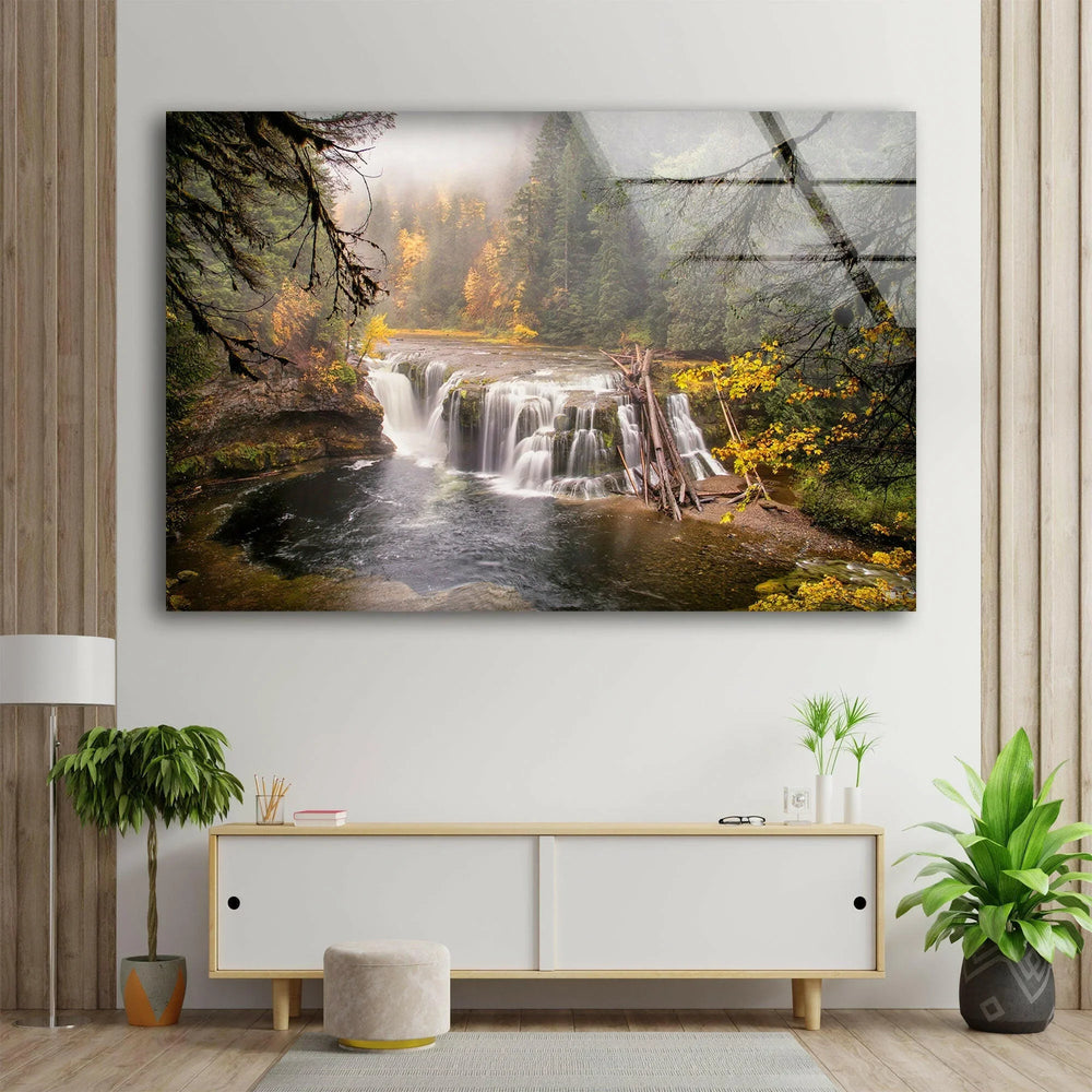 Cascading Waterfall in Fall – A Breathtaking Glass Print