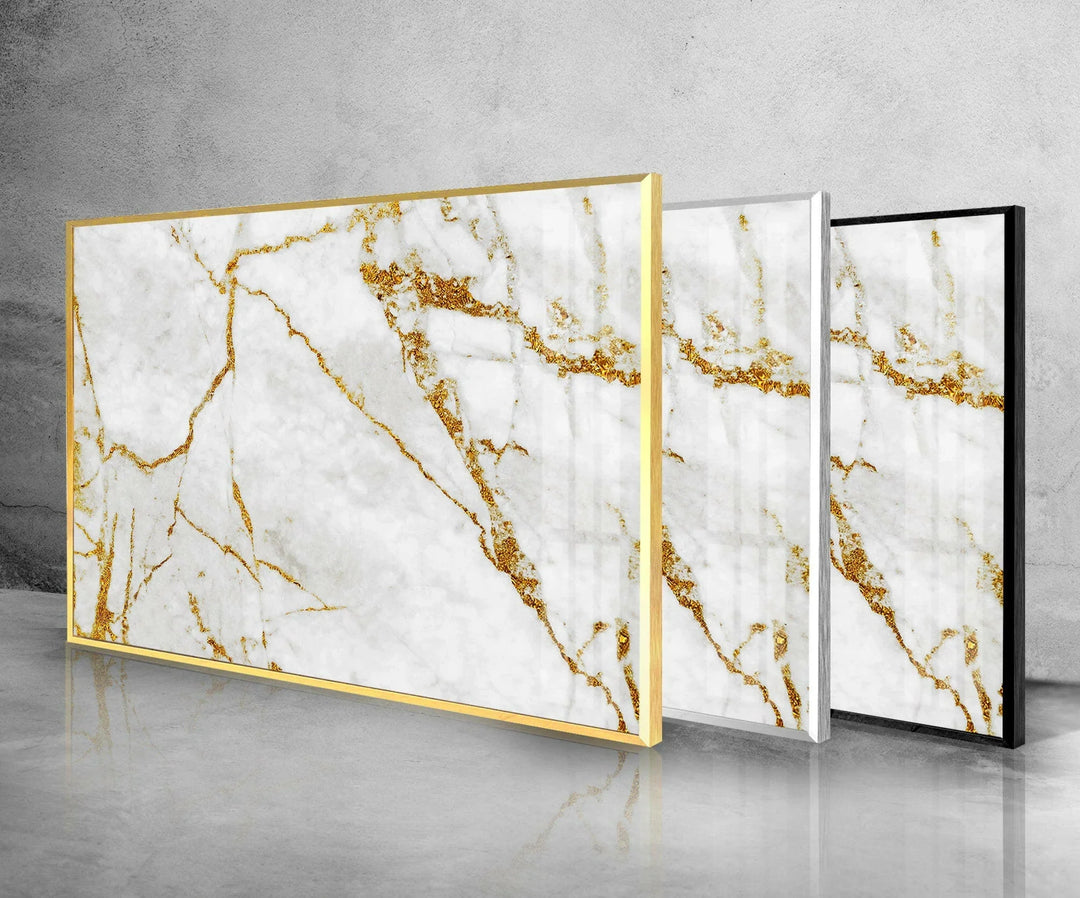 Framed White Marble with Gold Details Glass Wall Art