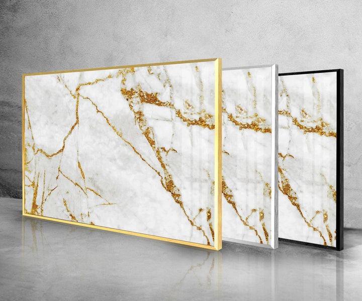 Framed White Marble with Gold Details Glass Wall Art