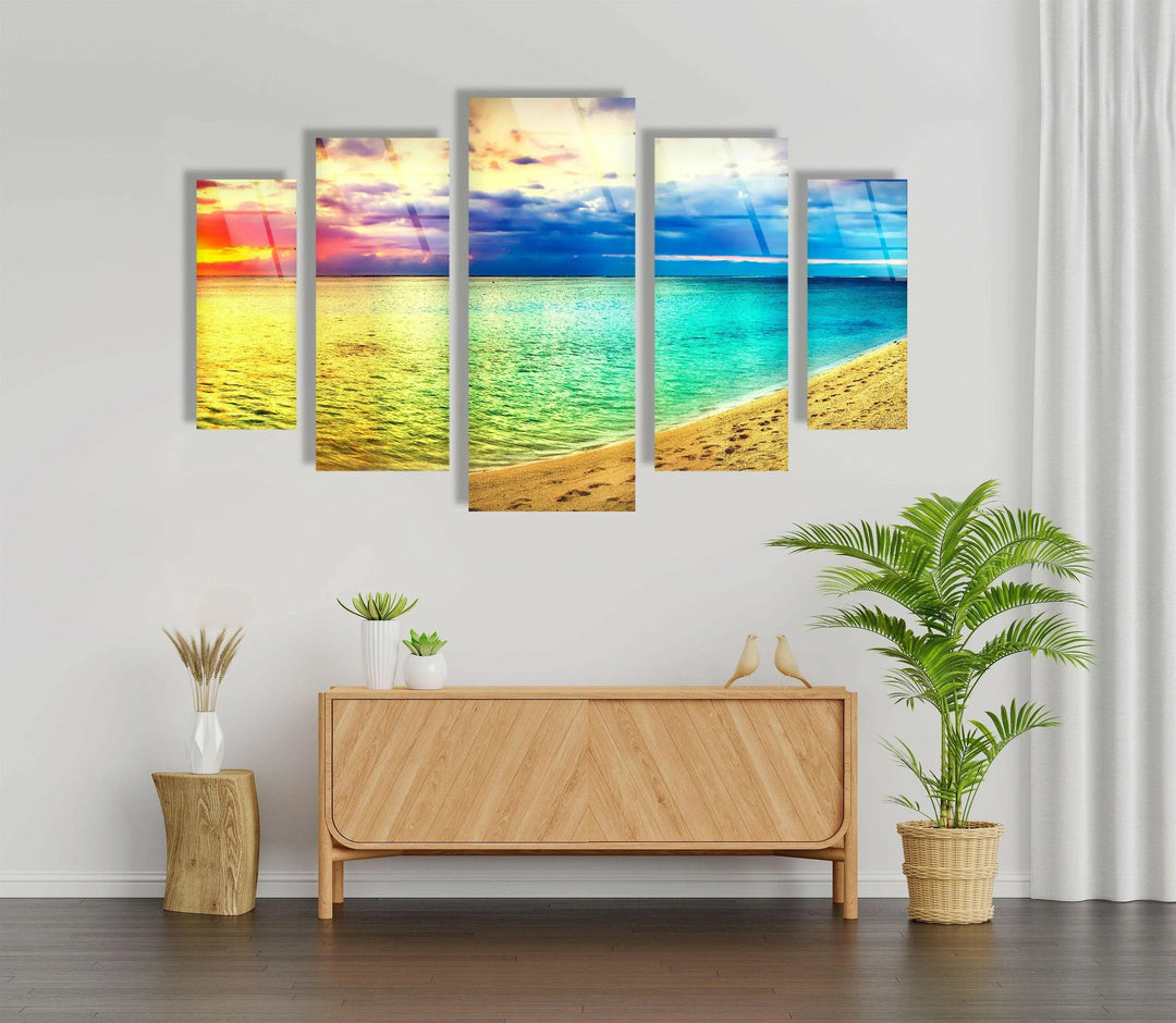 Colorful Sunset, Beach Landscape Glass Wall Art, large glass photo prints, glass wall photos