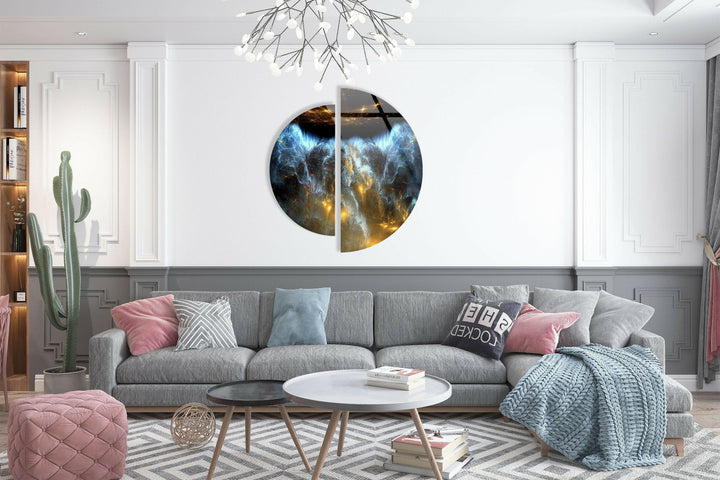 Two Pieces Round Dark Blue Abstract Glass Wall Art print on glass, glass printed photos