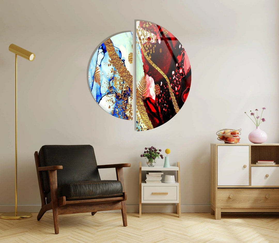 Two Pieces Round Red and Blue Abstract Glass Wall Art print picture on glass, Tempered Glass Wall Art