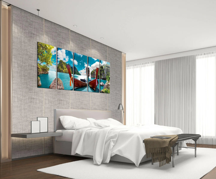 Phuket Island Boats Seascape Glass Wall Art, print on glass, glass printed photos