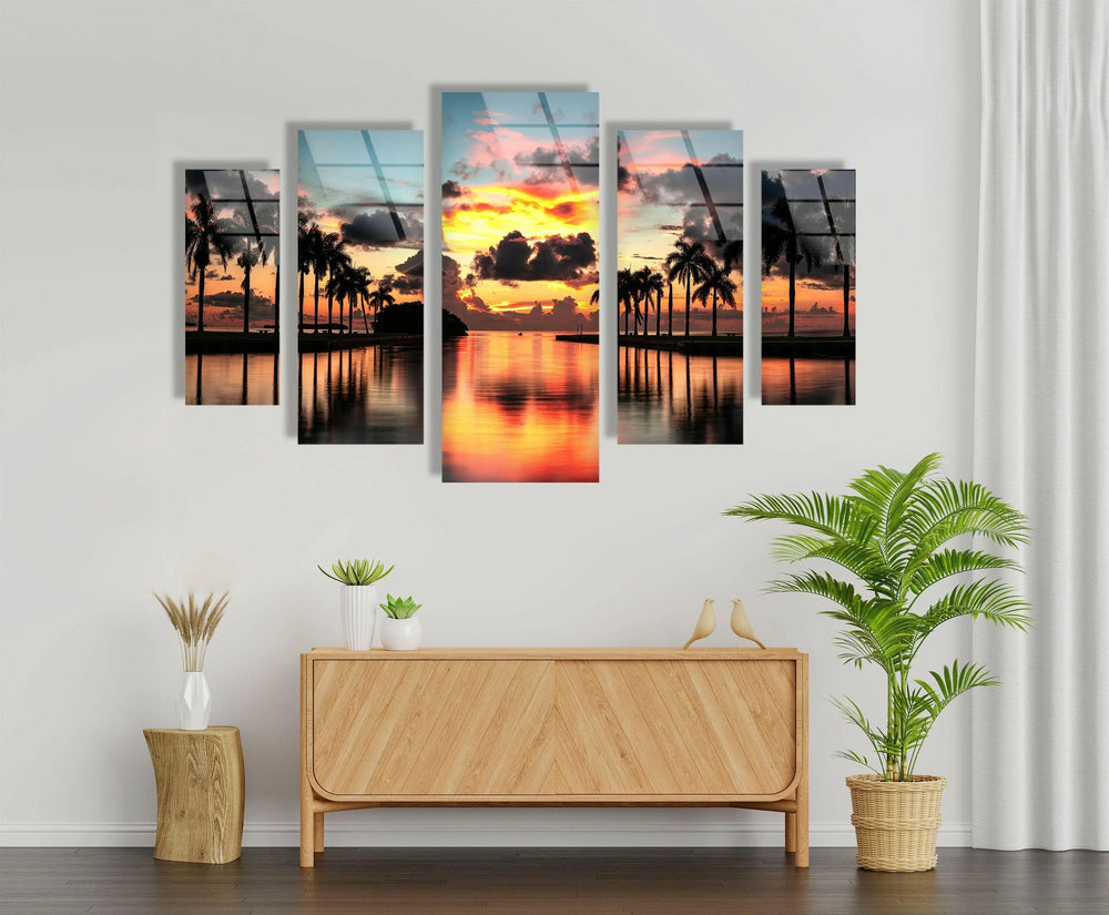 Paradise Beach Sunset, Tropical Palms Glass Wall Art, glass photo prints, glass picture prints