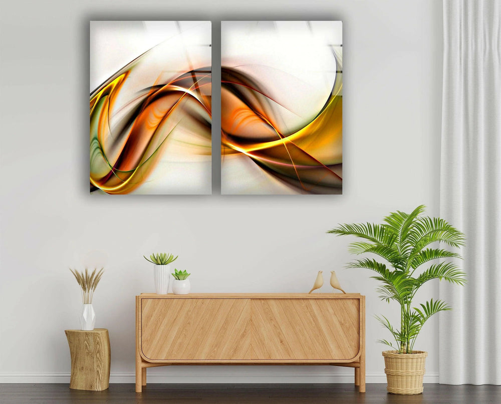 Yellow, Orange Wavy Motif Abstract Glass Wall Art, Glass Printing Wall Art, Print photos on glass