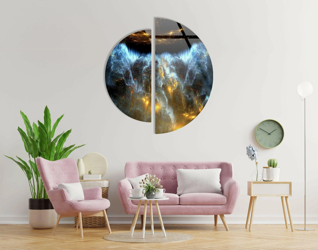 Two Pieces Round Dark Blue Abstract Glass Wall Art print picture on glass, Tempered Glass Wall Art