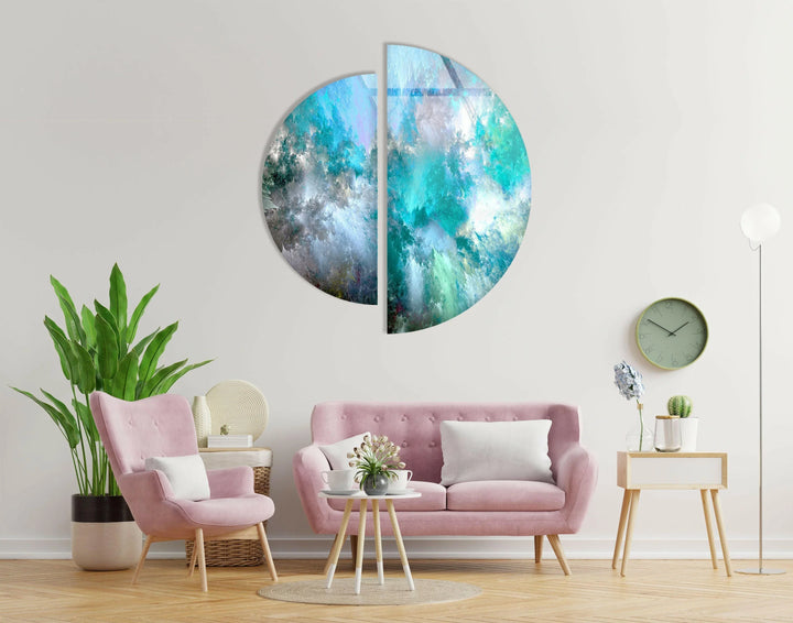 Two Piece Round Blue Abstract Glass Wall Art glass pictures for Wall, glass prints wall art