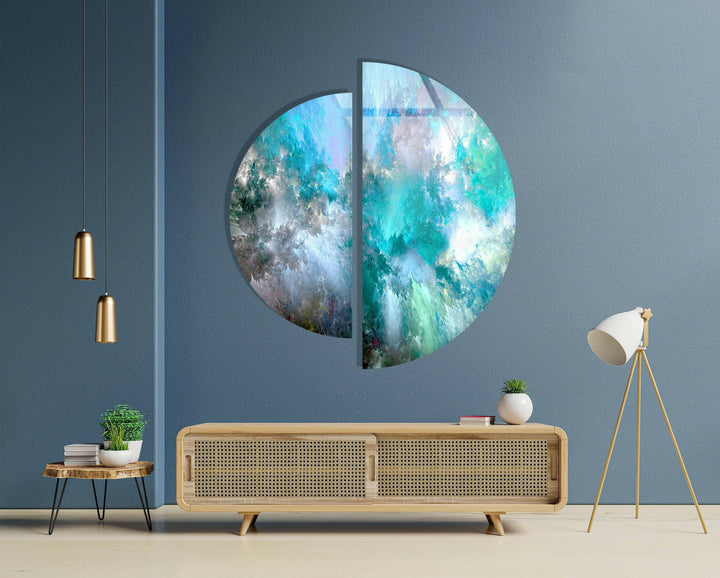 Two Piece Round Blue Abstract Glass Wall Art custom glass pictures, glass art prints