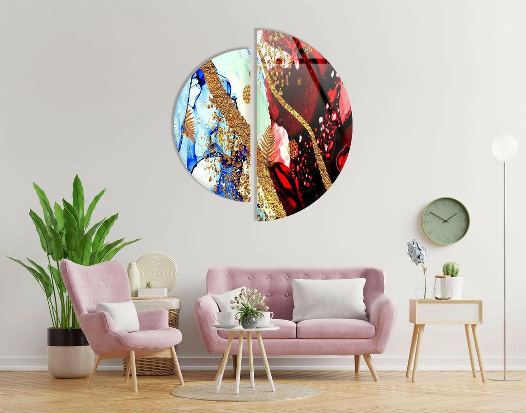 Two Pieces Round Red and Blue Abstract Glass Wall Art glass wall decor, glass wall art decor