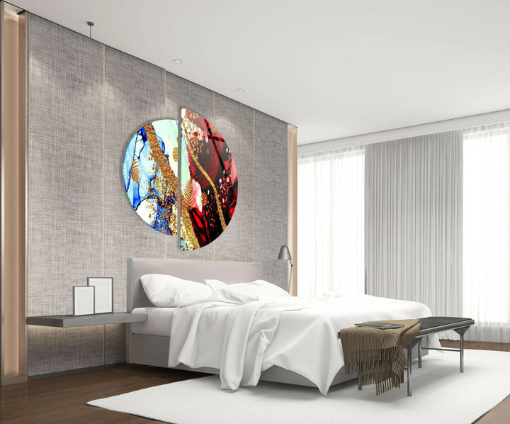 Two Pieces Round Red and Blue Abstract Glass Wall Art picture on glass wall art, photos printed on glass