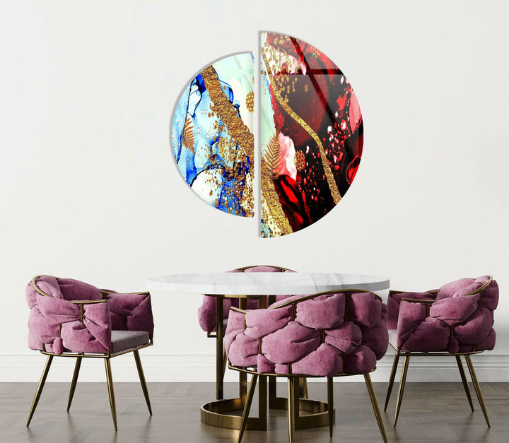 Two Pieces Round Red and Blue Abstract Glass Wall Art stained glass wall art, stained glass wall decor