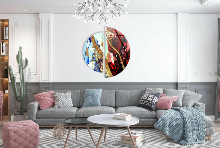Two Pieces Round Red and Blue Abstract Glass Wall Art custom glass photo prints, large glass prints