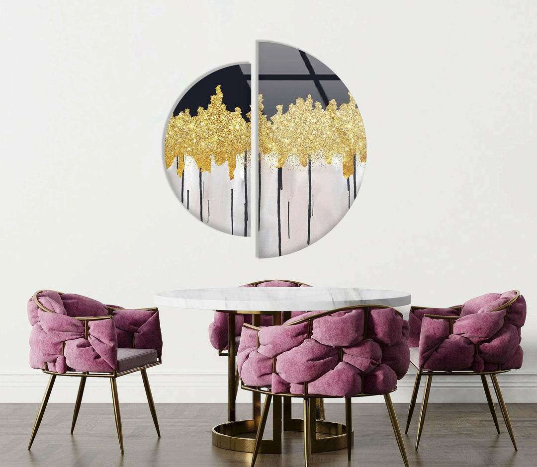 Set of 2 Piece Golden Marble Glass Wall Art glass pictures for Wall, glass prints wall art