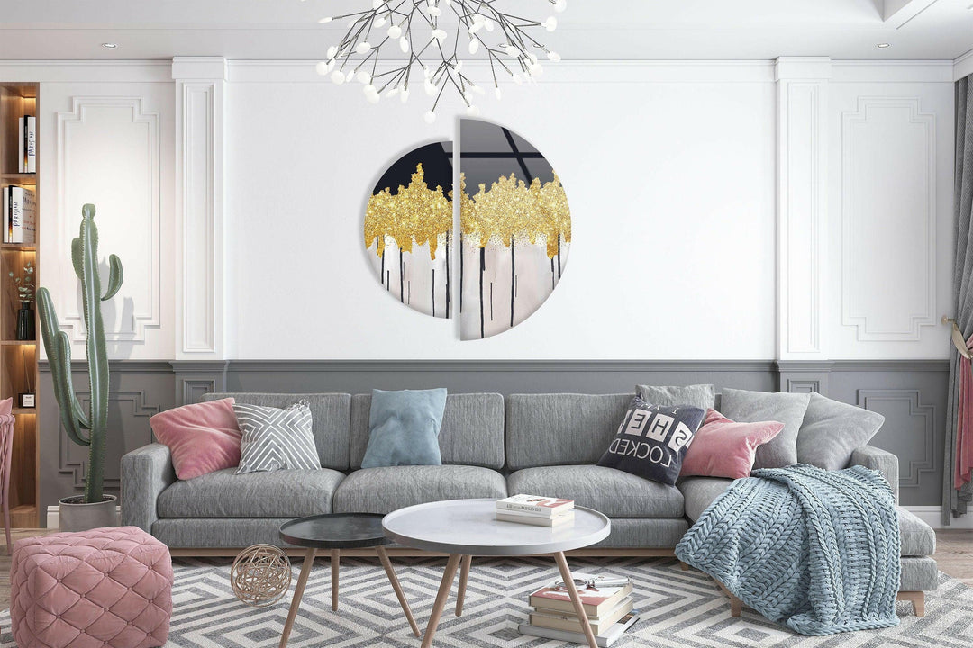 Set of 2 Piece Golden Marble Glass Wall Art glass image printing, glass prints from photos