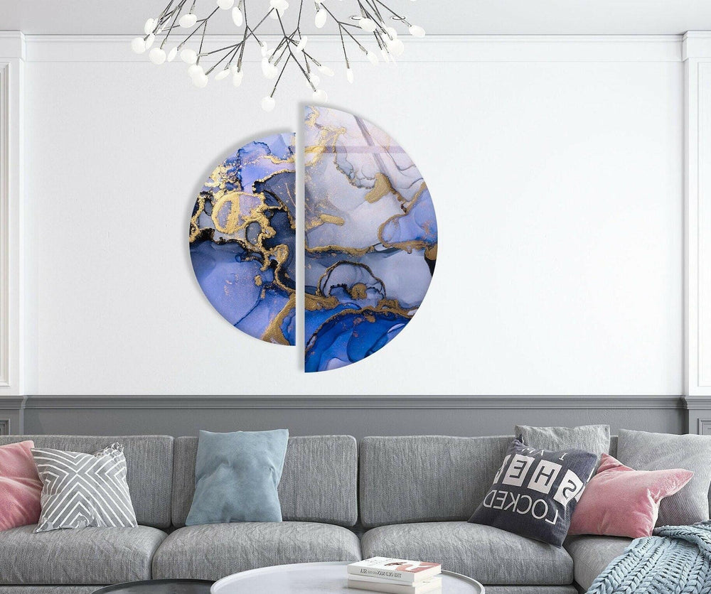 Set of 2 Pieces Gold Details Abstract Glass Wall Art Glass Printing Wall Art, Print photos on glass