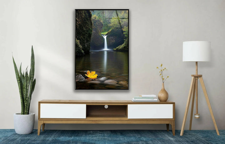 High-quality glass art showcasing a hidden forest waterfall and serene reflections.