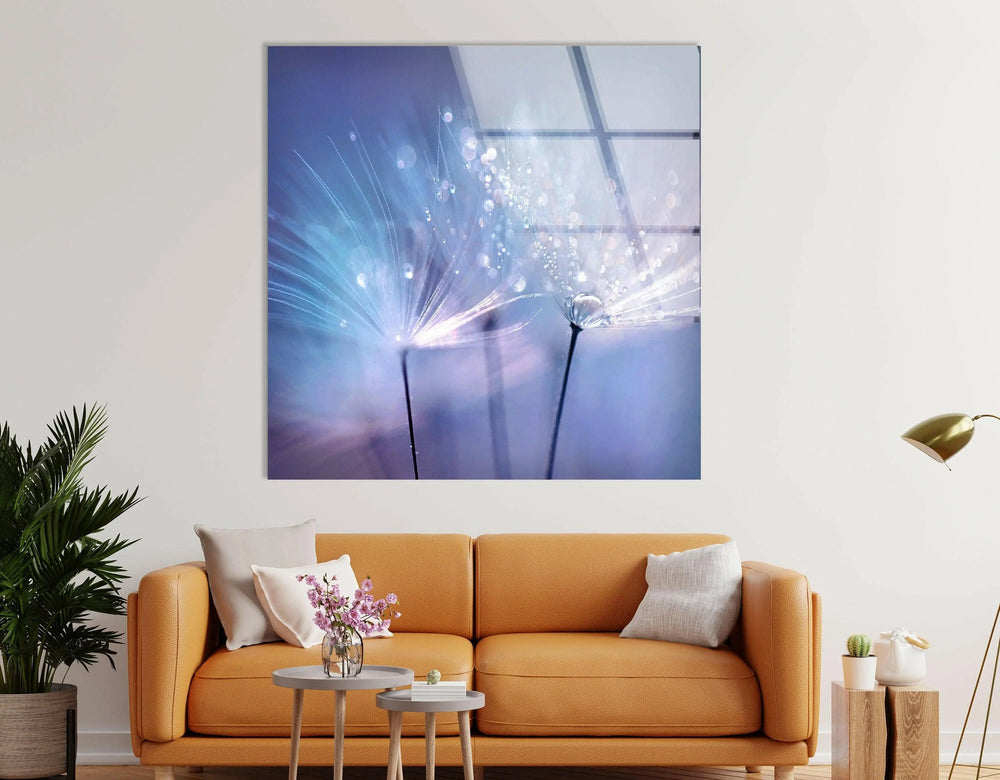 Dandelion Blue Sparkling Drops Glass Wall Art, picture on glass wall art, photos printed on glass