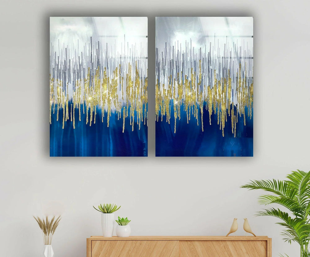 Blue & Gold Sparkles Glass Wall Art, photo print on glass, prints on glass wall art