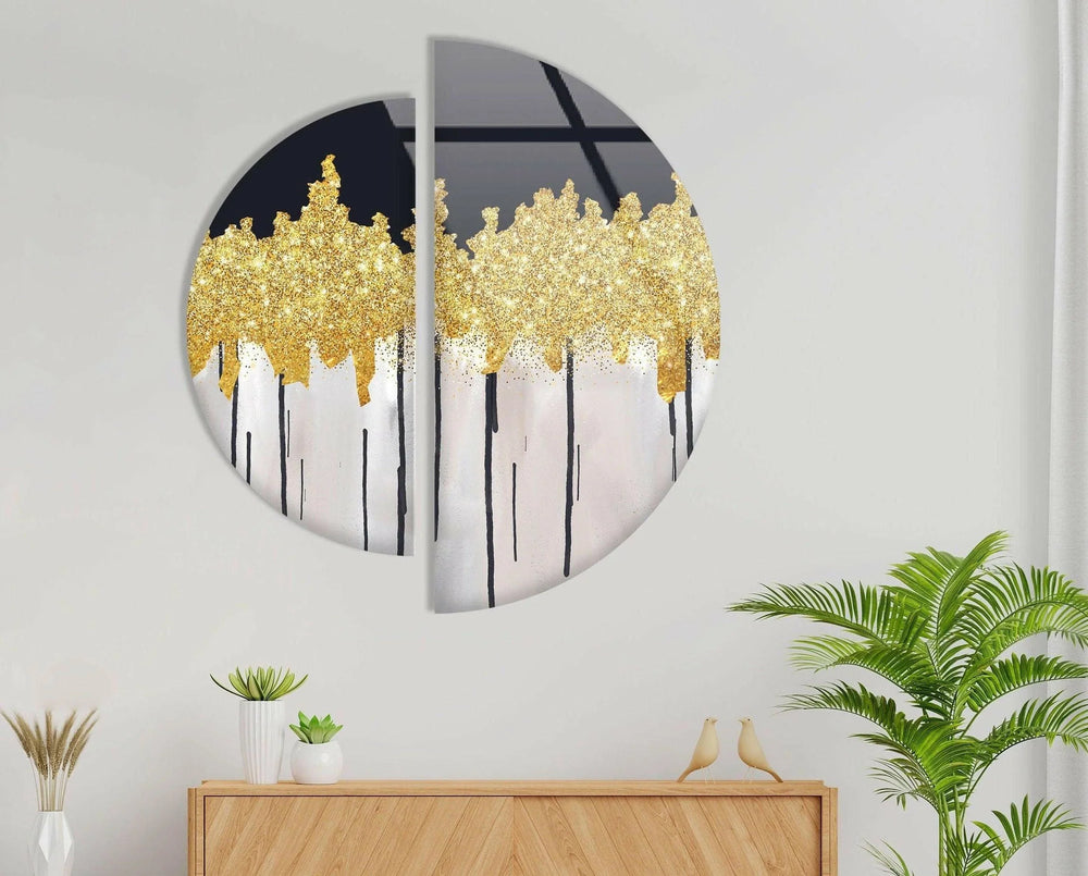 Set of 2 Piece Golden Marble Glass Wall Art glass art painting, glass art for the Wall