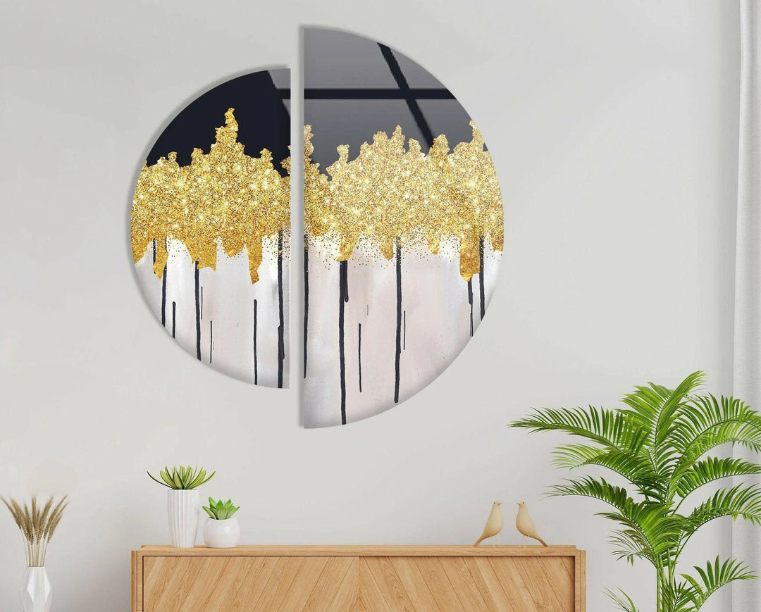 Set of 2 Piece Golden Marble Glass Wall Art glass art painting, glass art for the Wall